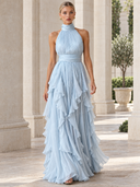 Elegant Backless Ruched Tiered Ruffle Maxi Dress