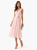 Elegant V-Neck Lace Embroidered Tie-Front Midi Dress