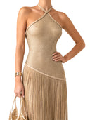 Elegant Backless Knitted Tassel Maxi Dress