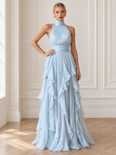 Elegant Backless Ruched Tiered Ruffle Maxi Dress