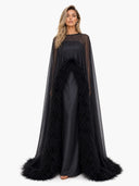 Elegant Feather Trim Chiffon Shawl Black Satin Maxi Dress