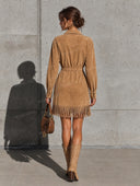 Retro Suede Fringe Belted Shirt Mini Dress