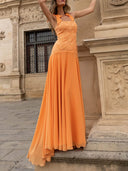 Elegant Lace Bodice Tie-Shoulder Chiffon Maxi Dress