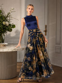 Elegant High Neck Satin Floral Chiffon Maxi Dress