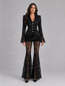 Elegant Lace Trim Blazer Top & Flared Lace Pants Two-Piece Set