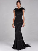 Elegant Feather Trim Mermaid Evening Maxi Dress