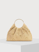 Beaded Woven Straw Ring Handle Handbag