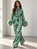 Exquisite Watercolor Print Feather Cuff Tie Shirt & Wide-Leg Pants Two-Piece Set