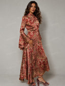 Elegant Paisley Print Flare Sleeve Asymmetric Maxi Dress
