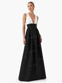 Elegant Deep V-Neck Colorblock Ruched A-Line Maxi Dress