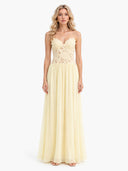 Elegant Yellow Lace Spaghetti Strap Floral Appliqué Maxi Dress