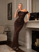 Elegant Shimmer Mesh One-Shoulder Mermaid Maxi Dress
