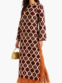Exquisite Printed Feather-Trim Side-Slit Maxi Dress