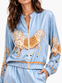 Exquisite Satin Horse Print Zip Jacket & Wide-Leg Pants Two-Piece Set
