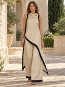 Color Contrast Design Irregular Hem Top And Wide Leg Pants Set