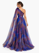 Elegant One-Shoulder Printed Tulle Cape Maxi Dress