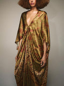 Retro Floral Print Satin Long Kaftan Dress
