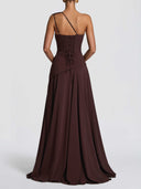 Elegant One-Shoulder Ruched Chiffon Tie-Waist Maxi Dress