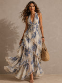 Boho Floral Halter Lace-Up Ruffle Maxi Dress