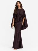 Satin Cape Sleeve Peplum Mermaid Maxi Dress Set