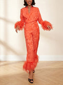 Elegant Feather Trim Jacquard Wrap Blouse & Pants Two-Piece Set
