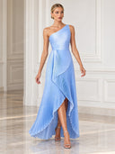 Elegant One-Shoulder Pleated Asymmetrical High-Slit Maxi Dress