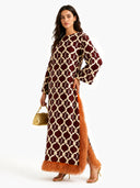 Exquisite Printed Feather-Trim Side-Slit Maxi Dress