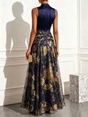 Elegant High Neck Satin Floral Chiffon Maxi Dress