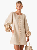Elegant Floral Cuff Button-Front Mini Dress