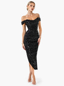 Elegant Sequin Off-Shoulder Asymmetric Party Midi Dress