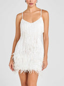 Elegant Sequin Fringe Feather Trim Mini Dress