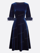 Elegant Velvet Feather Cuff Midi Dress