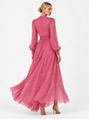 Elegant Pearl-Embellished Chiffon V-Neck Tie-Waist Maxi Dress