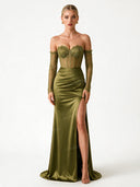 Elegant Satin Off-Shoulder Lace Corset Maxi Dress