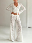Sexy Lace Wrap Top & Wide-Leg Pants Two-Piece Set