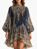Elegant Vintage Print High Neck Flowy Mini Dress