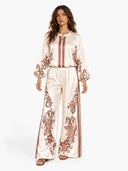 Retro Floral Print Satin Blouse & Wide-Leg Pants Two-Piece Set