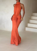Ruched Backless Halter Maxi Dress