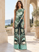 Retro Artistic Print Fringe Trim Asymmetrical Top & Pants Two-Piece Set