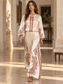 Retro Floral Print Satin Blouse & Wide-Leg Pants Two-Piece Set