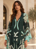 Elegant Geometric Print Chiffon Shawl Midi Dress