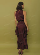 Elegant Satin High-Neck Top & Layered Ruffle Midi Skirt Set