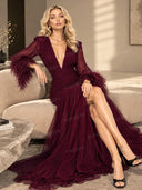Feather Design Front Slit Maxi Dress