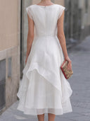 Elegant Organza Pleated Waist Ruffle Midi Dress