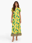 Lemon Blossom Print Feather Hem Midi Dress