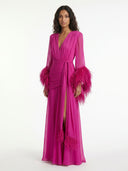Elegant V-Neck Feather Cuff Flowing Chiffon Maxi Dress