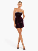 Elegant Velvet Jewel Embellished Trim Bandeau Mini Dress
