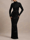Sequin Mock Neck Long Sleeve Mermaid Maxi Dress