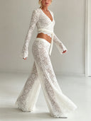 Sexy Lace Wrap Top & Wide-Leg Pants Two-Piece Set