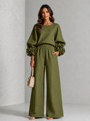 Elegant Floral Long-Sleeve Top and Wide-Leg Pants Two-Piece Set